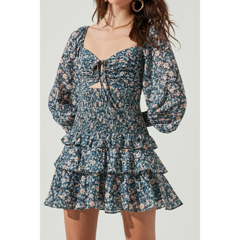 ASTR the Label Marietta Dress in Blue Peach Multi Floral Large New Womens Mini